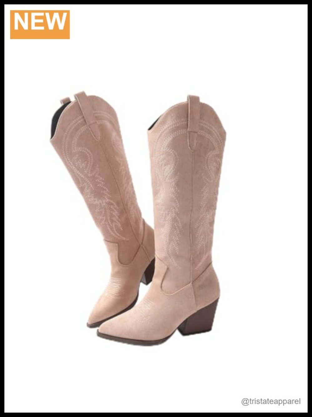 Knee High Cowboy Boots Embroidered Faux Suede Pull-On Square Toe Chunky Heel